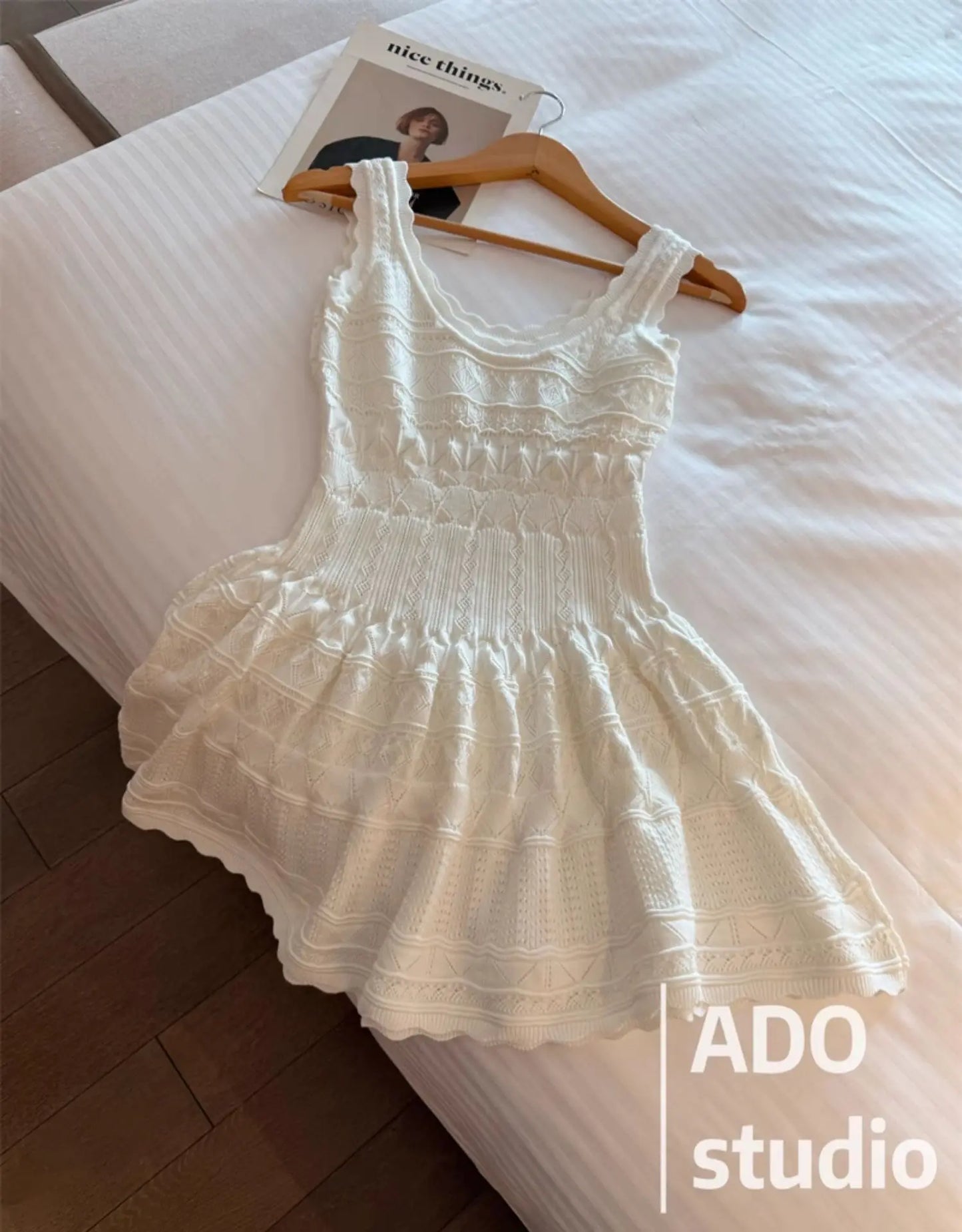 White Sweet A-line Ruffle Edge Knitted Vest Dress Women's Summer French Fashion Slim Temperament Sexy Girl Hollow Short Dress