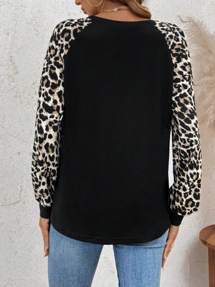 Ladies Casual Leopard Print Splice Long Sleeve Black T-Shirt Spring Autumn Fashion Animal Pattern Top for Women