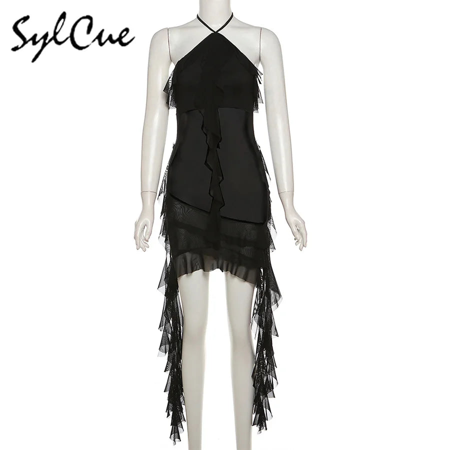 Sylcue 2024 Spring New Sweet Gentle Sexy Mature Beautiful Elegant Party Queen Women'S Short Neck Ruffled Tassel Dress