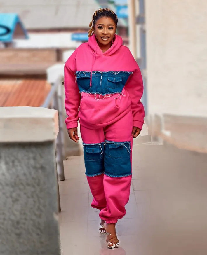 Pants Set Women Two Piece Sets Hooded Matching Sets Sweatshirts Long Pants High Waist Denim Splice Y2k Casual Jogger 2025