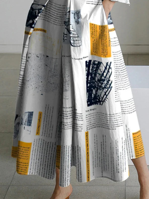 2025 New Autumn Women Midi Dress Long Sleeves Casual High Street Fashion Newspaper Print Lapel A-Line Dress For Women