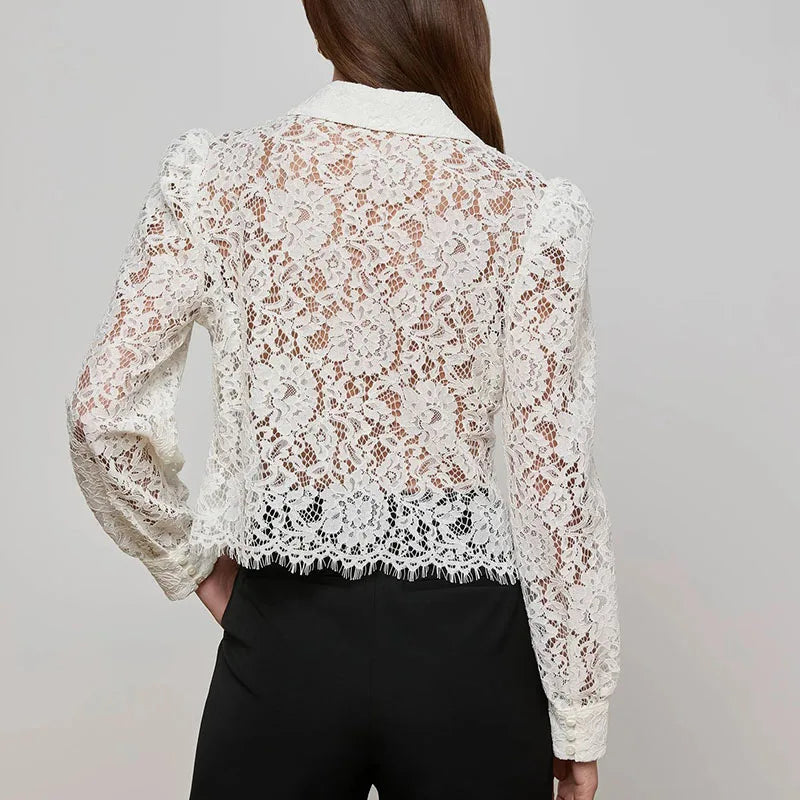 New Elegant Embroidered Solid Color Tees Autumn Sexy Perspective Slim Club Tops Blouses Fashion Lace Long Sleeved Women's Shirt