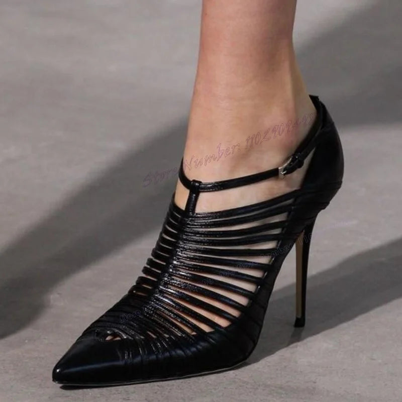 White Hollow Out T-strap Sandal Snakeskin Back Strap Pointed Shoes for Women Thin High Heels Sexy Shoes 2025 Zapatos Para Mujere