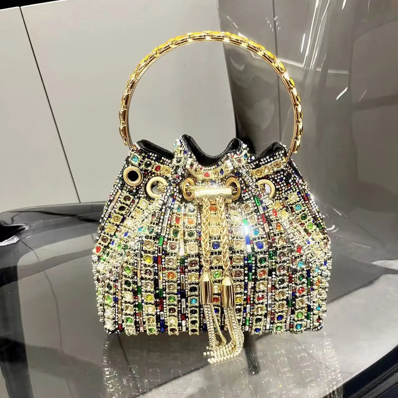 Crystal Shiny Diamonds Bucket Bag Fashion Women Handbag Metal Ring Handle Evening Bag Wedding Party Clutch Purse Crossbody Bag