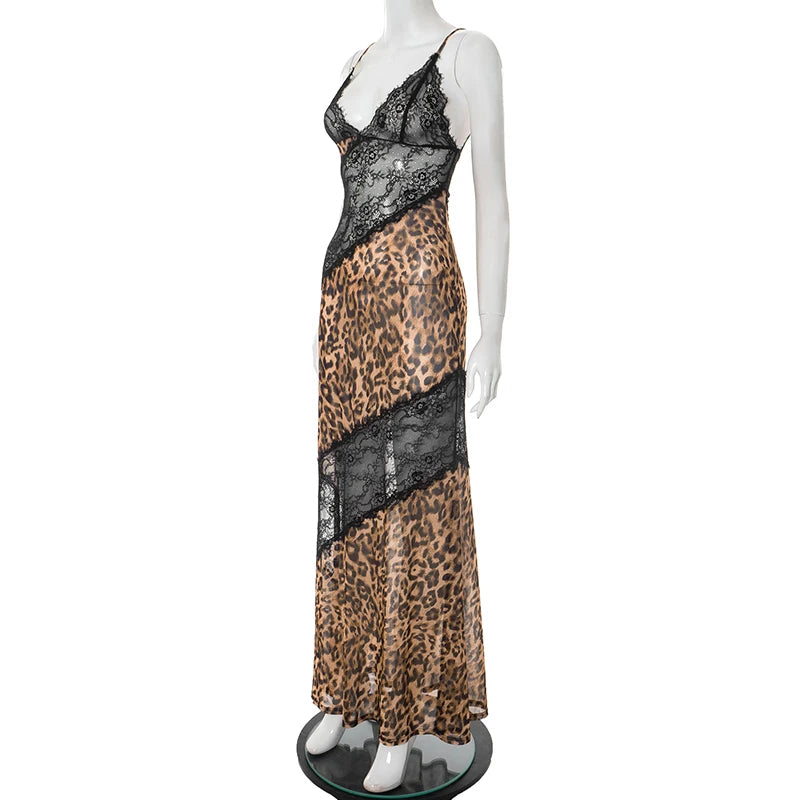 Weird Puss Mesh Patchwork Mermaid Dress Women Leopard Print Sexy Low-Neck Cleavage Backless Ruched Midnight Fashion Long Bodycon