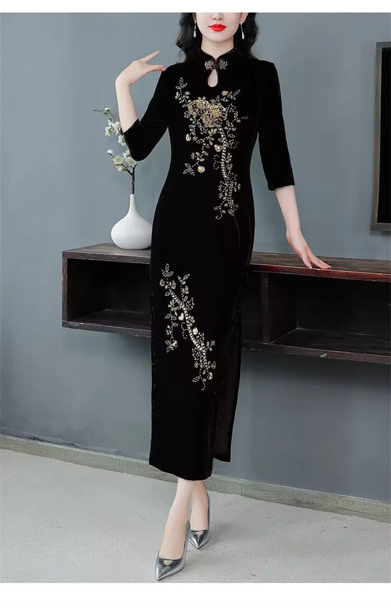 Spring Autumn Women New Embroidered Gold Velvet Cheongsam High-end Temperament Fashionable Wedding Dress Slim Bag Hip Slit Skirt
