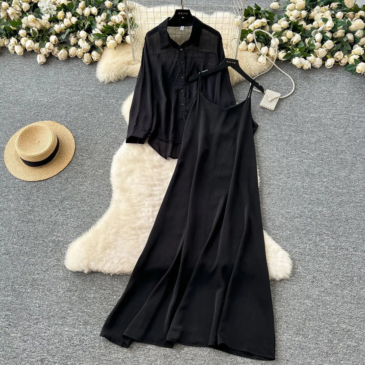 Elegant Long Sleeve Turn Down Collar Solid Color Two Piece Set for Women