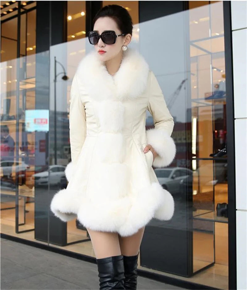 Size 6XL Women's Clothing Autumn Winter Imitation Fox Fur Big Fur Collar Thick Warm Female's Leather Jacket Slim Fur Coat