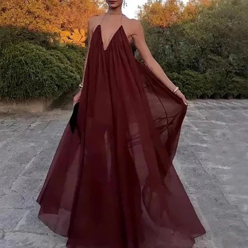Sexy Women's Backless Wedding Guest Dress 2025 Summer Vacation Solid Color Long Dress Casual Low Cut V-neck Pleated Party Dress