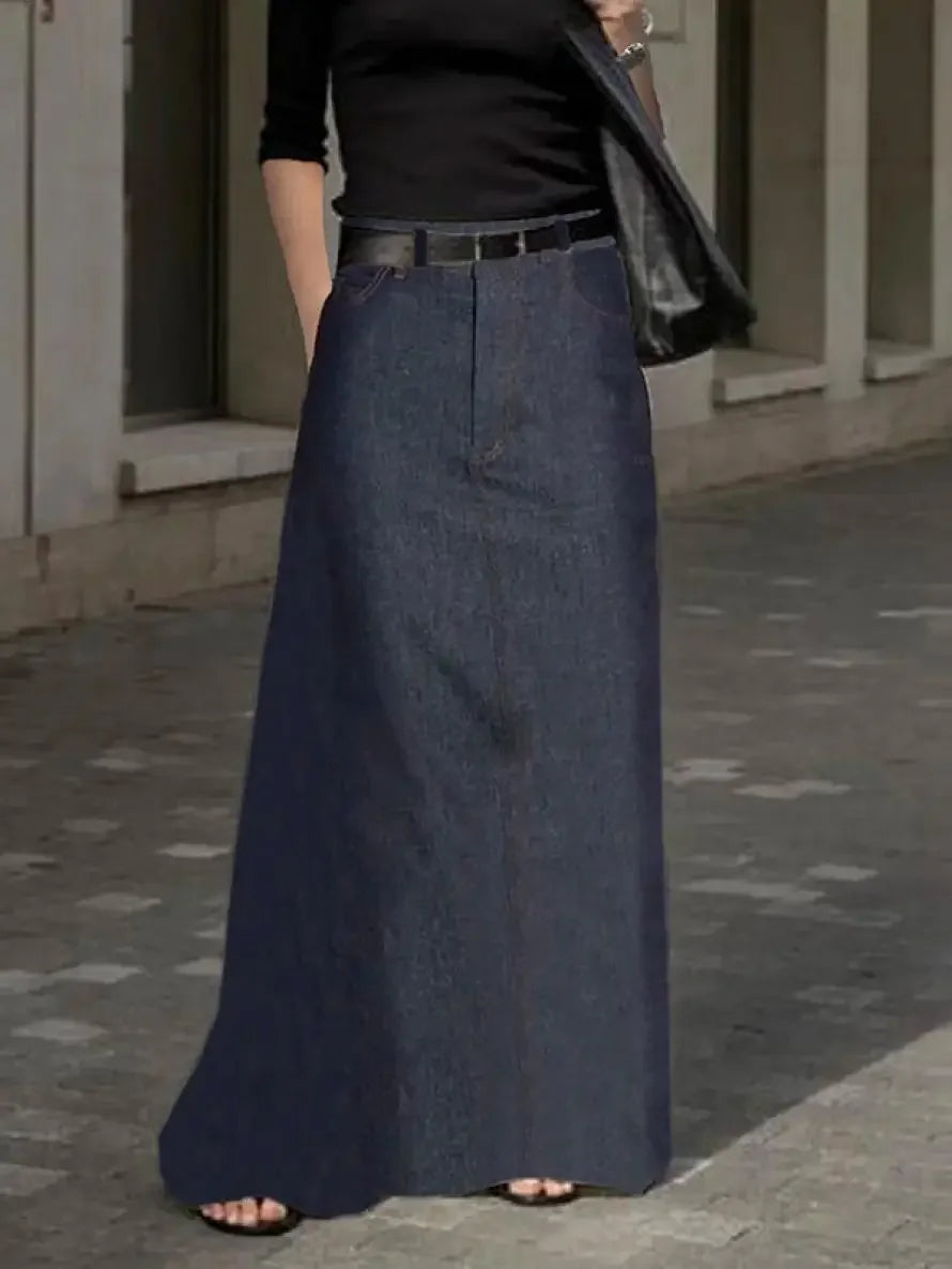 Fashion Imitation Denim H-Line High Waist Skirts Spring Summer Loose Solid Color Pockets Maxi Skirt For Women