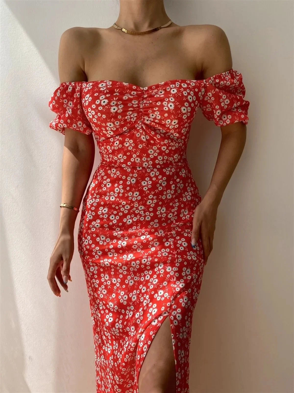 Elegant Summer Women's Dress Off-Shoulder Floral Side Slit Fashionable Commuting Foreign Trade New Style Womens Clothing