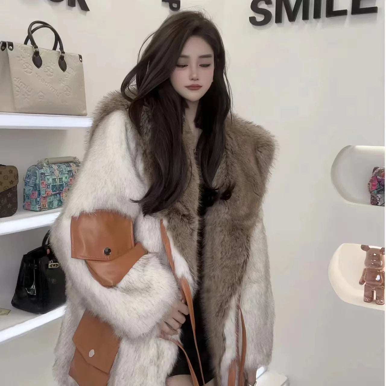 Faux Fur Coat for Women,Spliced Jacket, Lace-up Long Overcoat, Loose Thicken Warm Coat, High Quality, Female Winter, New, 2023