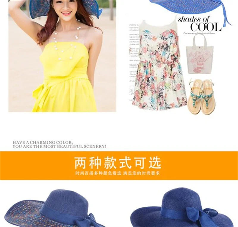 Hat Big-brimmed Cool Hat Women's Summer Sun Visor Sun-Proof Foldable Straw Hat UV-Proof Beach Sun Hat Summer Face Covering