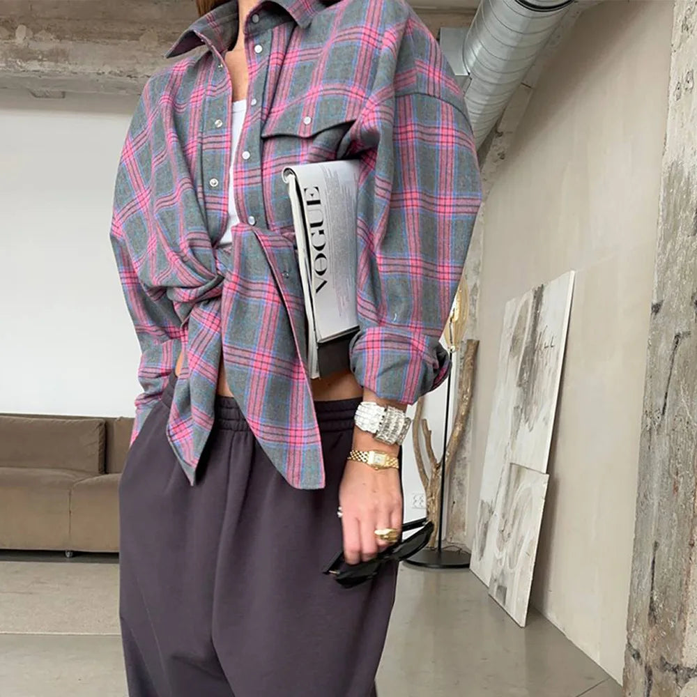 FSMG-Versatile Plaid Shirt For Women, Red Bright Grid, Oversized Blouse, Leisure And Fashionable Top, Spring And Autumn Seasons