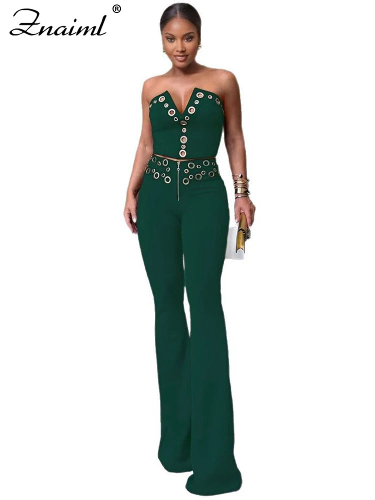 Znaiml Off Shoulder V Neck Strapless Crop Tops and Wide Leg Pants Women 2 Pieces Matching Sets Elegant Birthday Party Outfits