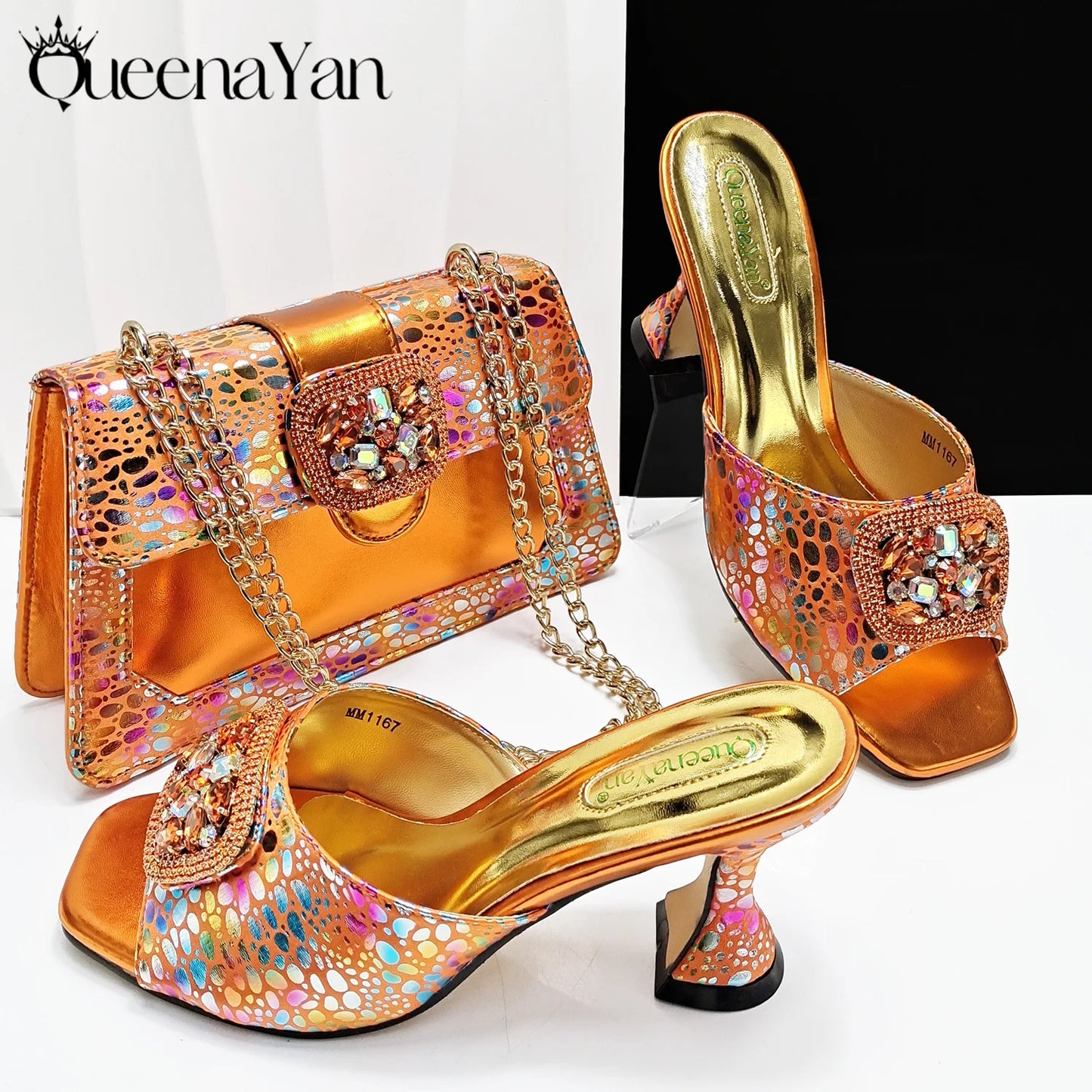 QueenaYan 2025 Fashion Newest Arrival Orange Color Square Toe Women Sandals Shoes Matching Bag Set for Ladies Wedding Party Pump