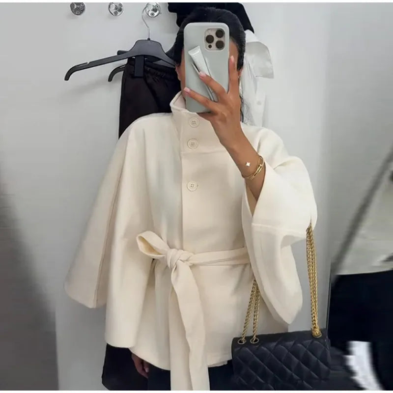 Womens Short Cape Coats For Women Belt Faux Wool Blends Coats Autumn Winter Solid Coats Elegant Cloak Jacket Ladies 2025