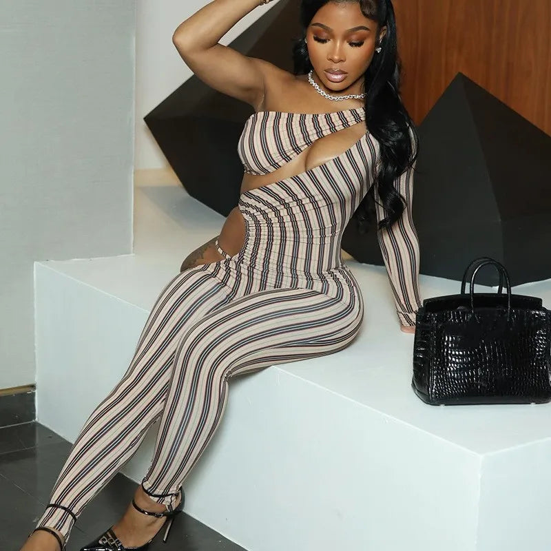 Joskaa Striped Print Cutout Jumpsuits Women Hipster Sexy Oblique Shoulder Backless Skinny One Piece Rompers Midnight Clubwear