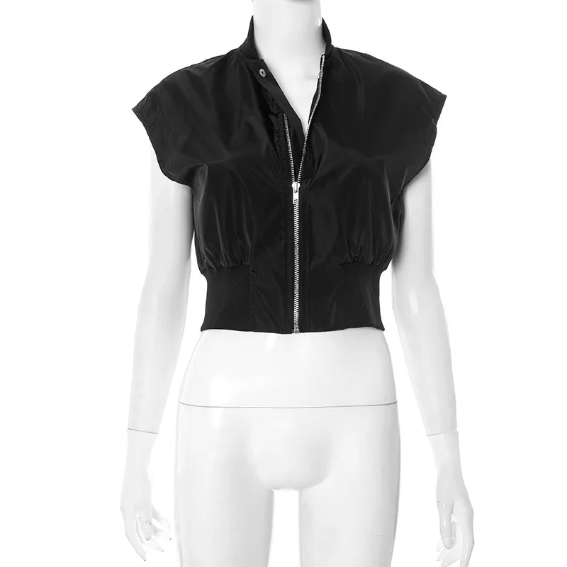 Joskaa Casual Black Cardigan Tops Women Hipster O-Neck Sleeveless Zipper Vests Jackets 2025 Summer Outerwear Y2K Streetwear