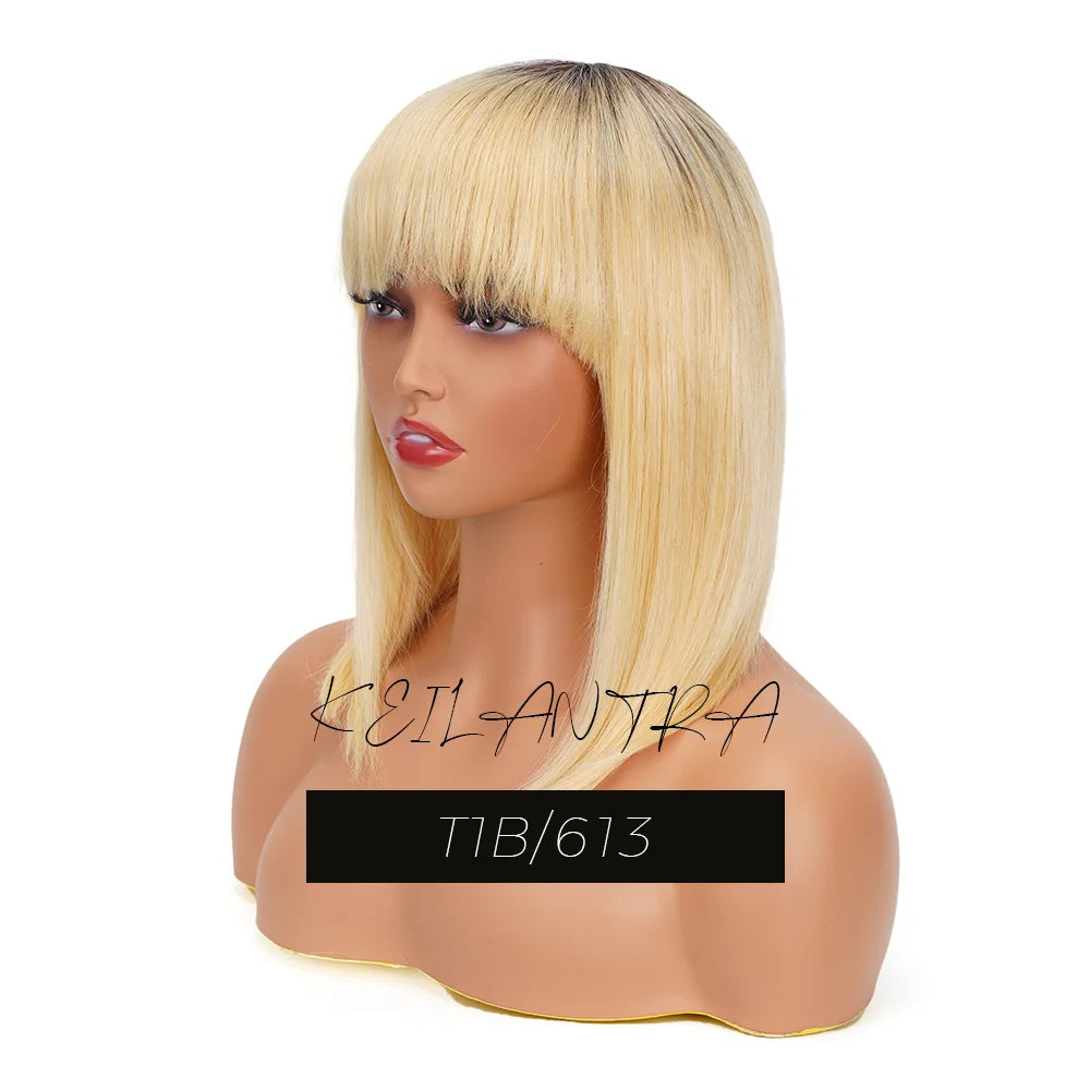 Straight Human Hair Bob Wigs with Bangs Remy Full Machine Made for Women Hightlight Burgundy Brown Colored BOB Wig