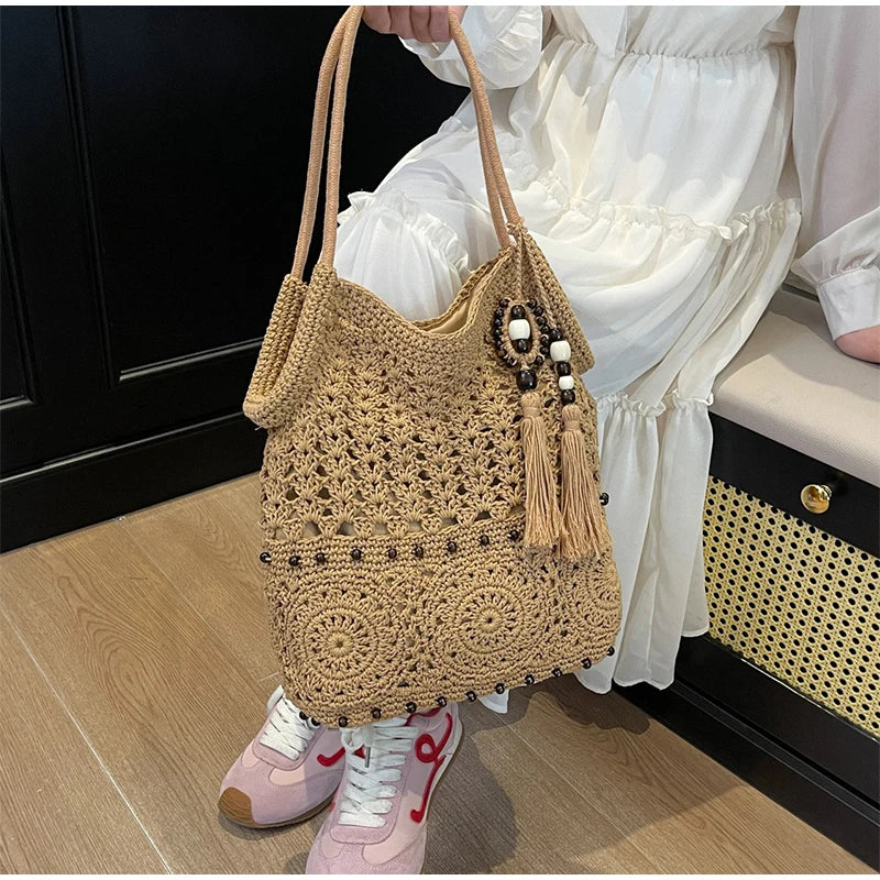 Hollow Crochet Women Bags Bohemian Large Capacity Handbags Korean Popular Bag New Tassel Cotton Shopping Bag Shoulder Bag Women