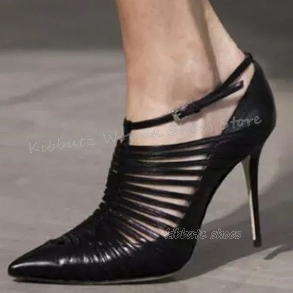 Hollow Pumps Belt Buckle Luxury Leather Solid Color Fashion Concise Elegant Novelty Sexy Women Shoes Newest Pointy Thin Heels