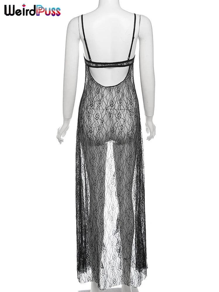 Weird Puss Backless Sexy Women Camisole Leopard Mesh Patchwork Ruffles Sexy Club Party Midnight Hot Girls Wild Coquette Maxi Top