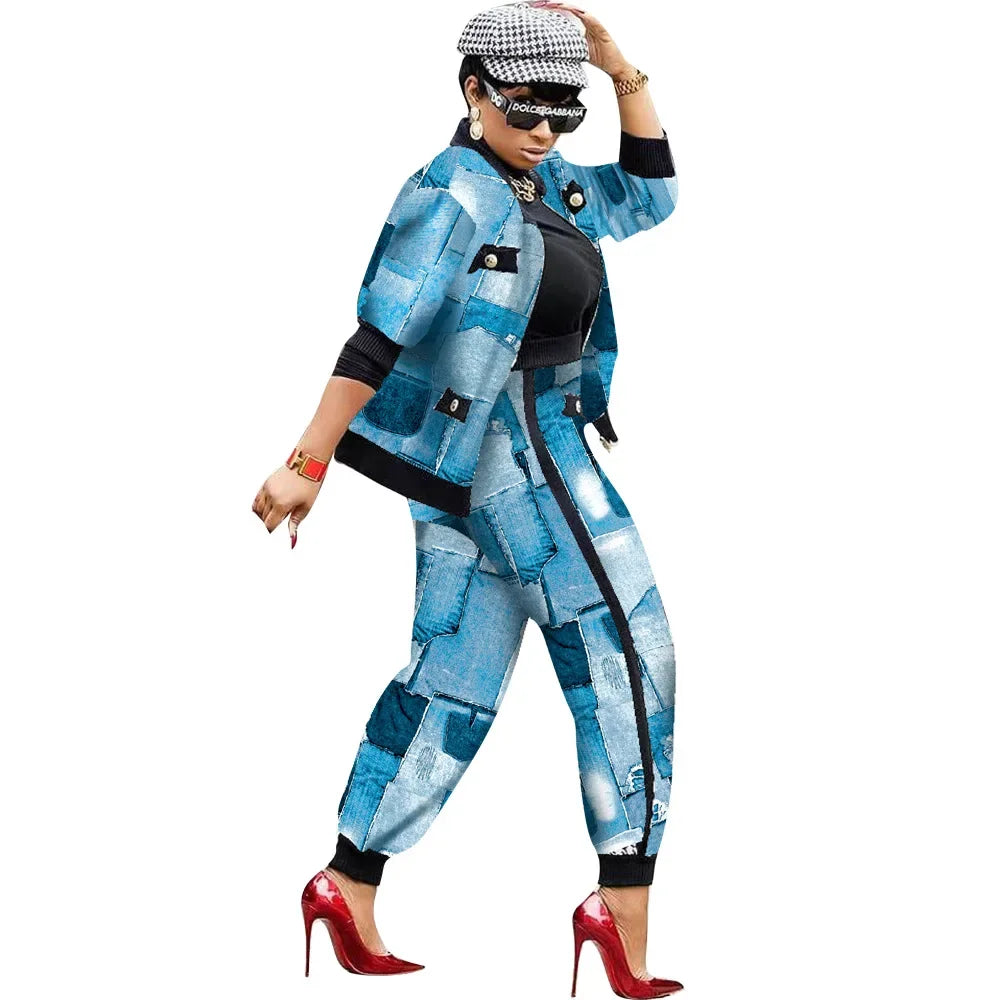 CM.YAYA Houndstooth Patchwork Two 2 Piece Set for Women Vintage Fitness Outfits Jacket + Pants Set Streetwear Tracksuit