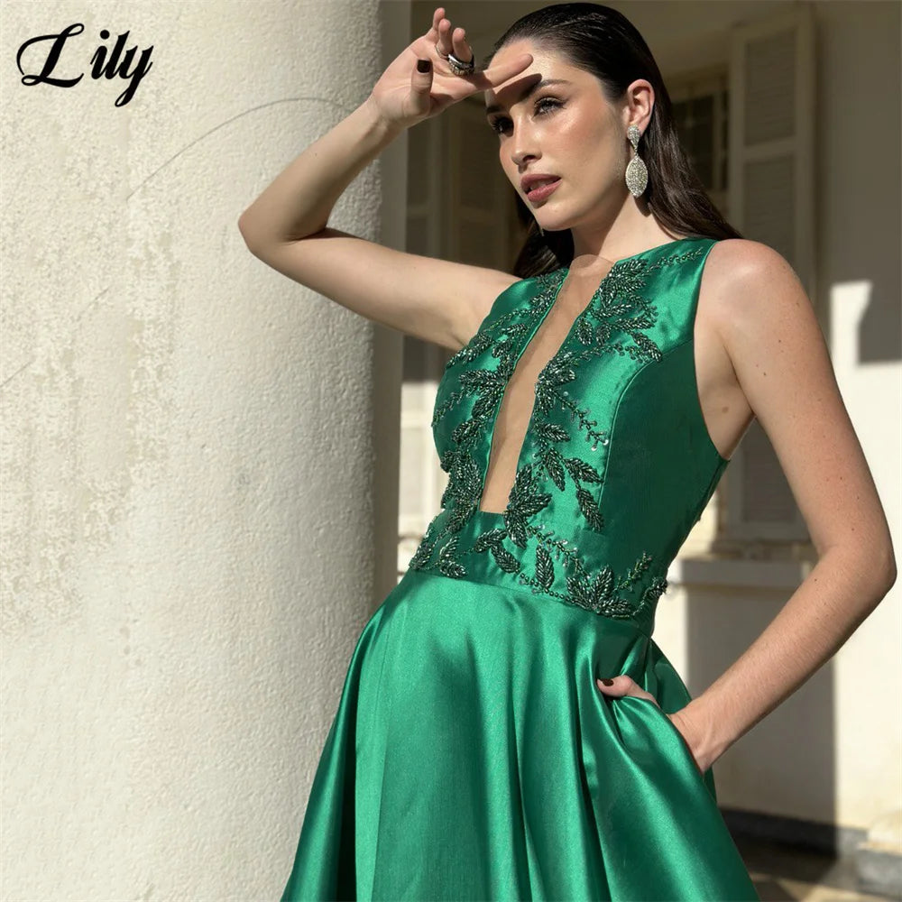 Lily Emerald Green Evening Gown Sleeveless Prom Dress with Beaded Embroidery Wedding Evening Dress robes de soirée Customized