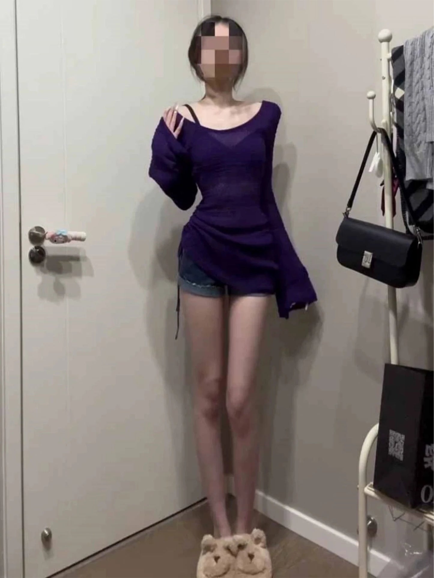 Women's Purple Y2k Knitted T-shirt Harajuku Tee Top Vintage 90s Aesthetic Oversize Flare Sleeve T-shirts 2000s Emo Clothes 2025