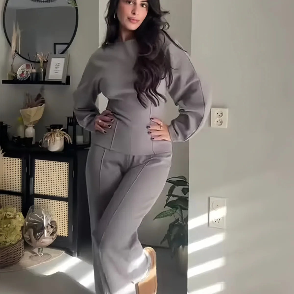 Elegant Women Casual Solid Pants Suits Round Neck Full Sleeve Shirt Wise Leg Straight Pant Suit Lady New Basic 2 Pieces Set 2025