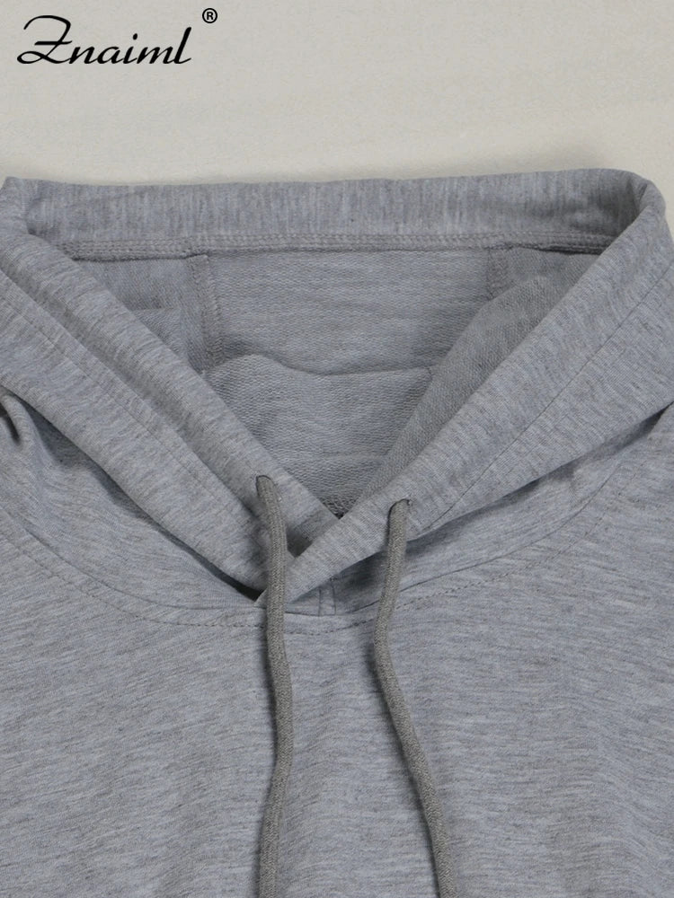 Znaiml Gray Outfit Women Sport Two 2 Piece Winter Sweatshirt Hoodies Tops and Wide Leg Pants Tracksuit Streetwear Sportsuit 2025
