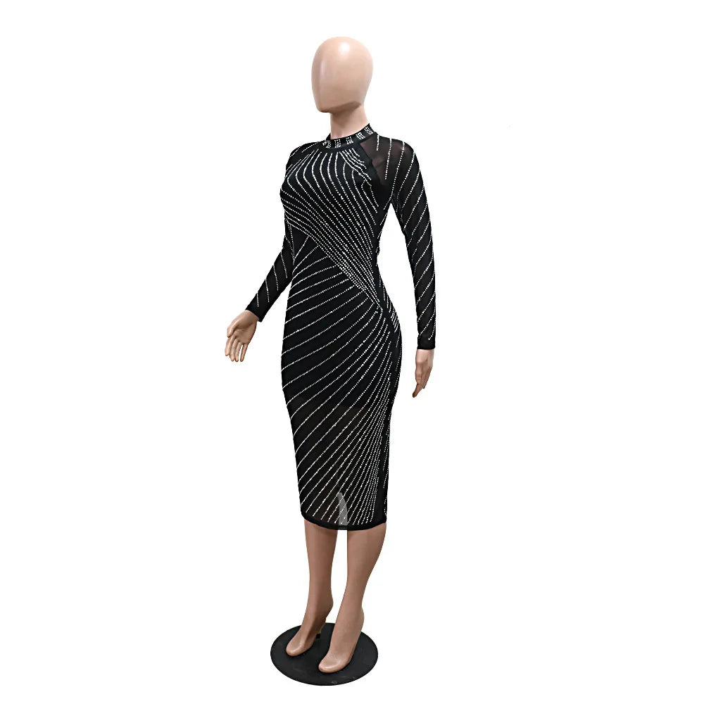 CM.YAYA Women Diamonds Hot Rhinestones Long Sleeve Bodycon Midi Dress 2024 Fall O-neck Evening Club Sexy Party Dresses Vestidos
