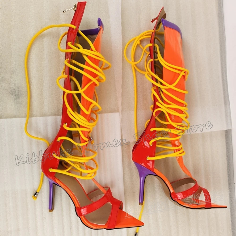 Genuine Leather Sandals Cross Strap Mixed Color Novelty Sexy Fashion Concise Luxury Women Shoes Newest Pointy Thin Heels Zippers