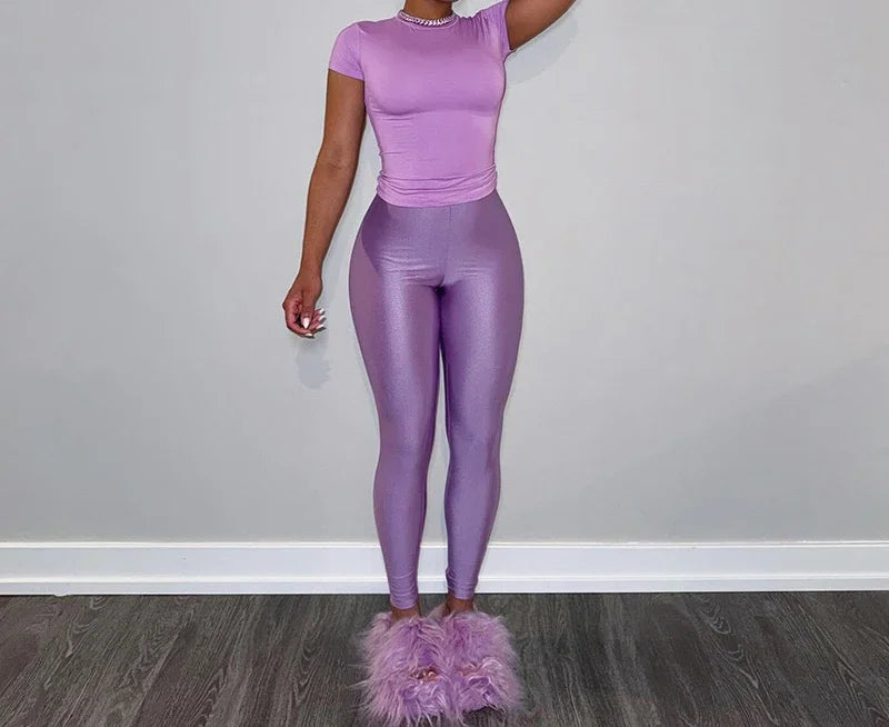 Two Piece Set for Woman Streetwear Solid Round Neck Short Sleeved T-shirt Top and Tight Pants Suit Spring and Summer 2025 New