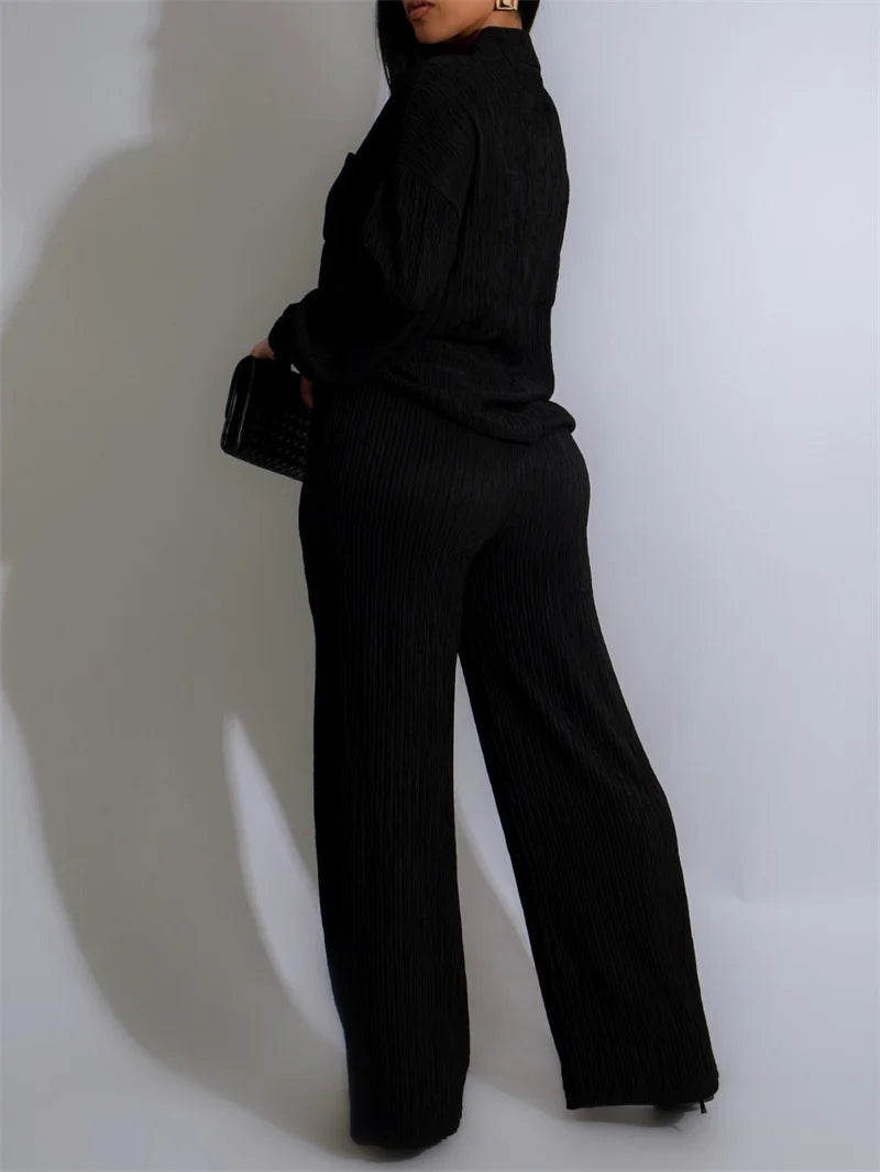 Doyerl Solid Casual Loungewear Sets Woman Two Piece Outfit Loose Fit Long Sleeve Shirt Top and Wide Leg Pants Matching Sets