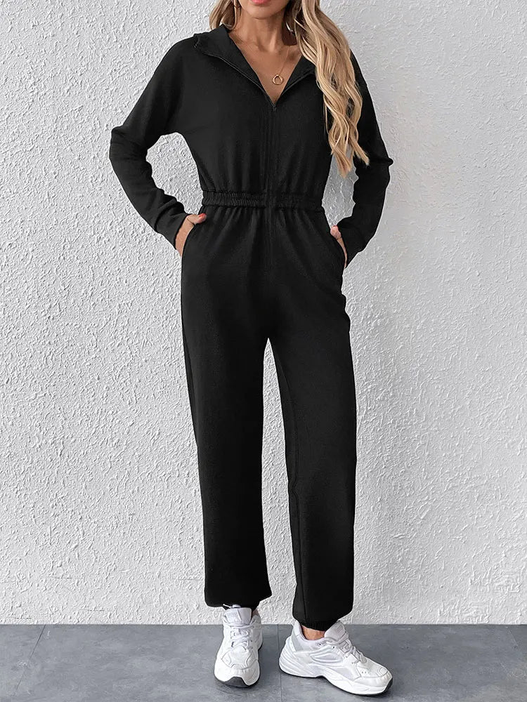 COOL BABES Store Women Jumpsuits New Spring Autumn Fashion Hooded Zippers Casual Slim Rompers Sexy Black Elegant Lady Jumpsuits