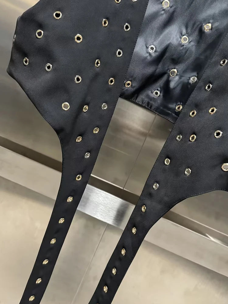 VGH Hollow Out Patchwork Rivets Waistcoats For Women V Neck Sleeveless Spliced Belt Slimming Short Waistcoat Female Fashion New