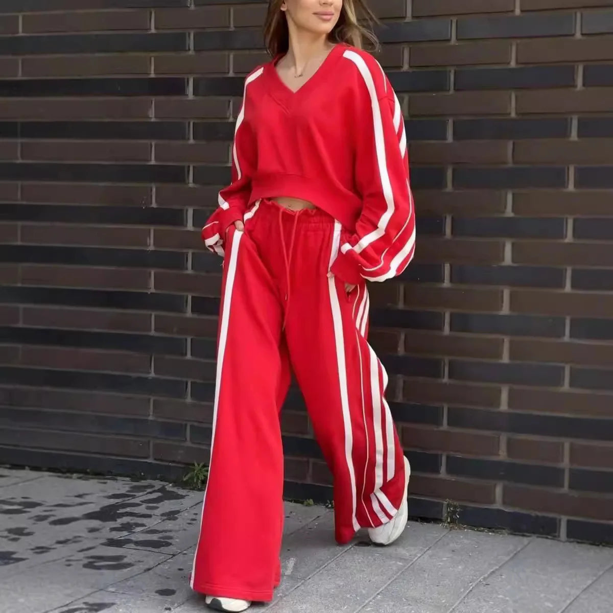 V Neck Cropped Top Color Block Set