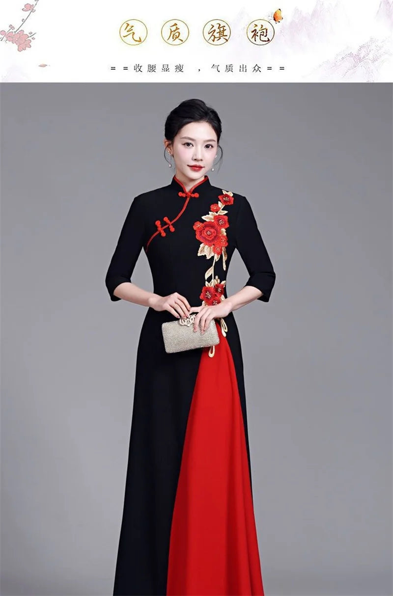 2025 Summer Women New Middle aged Elderly Dress Improved High end Non Ironing Show Elegant Slim And Long Embroide Red Dress 6XL