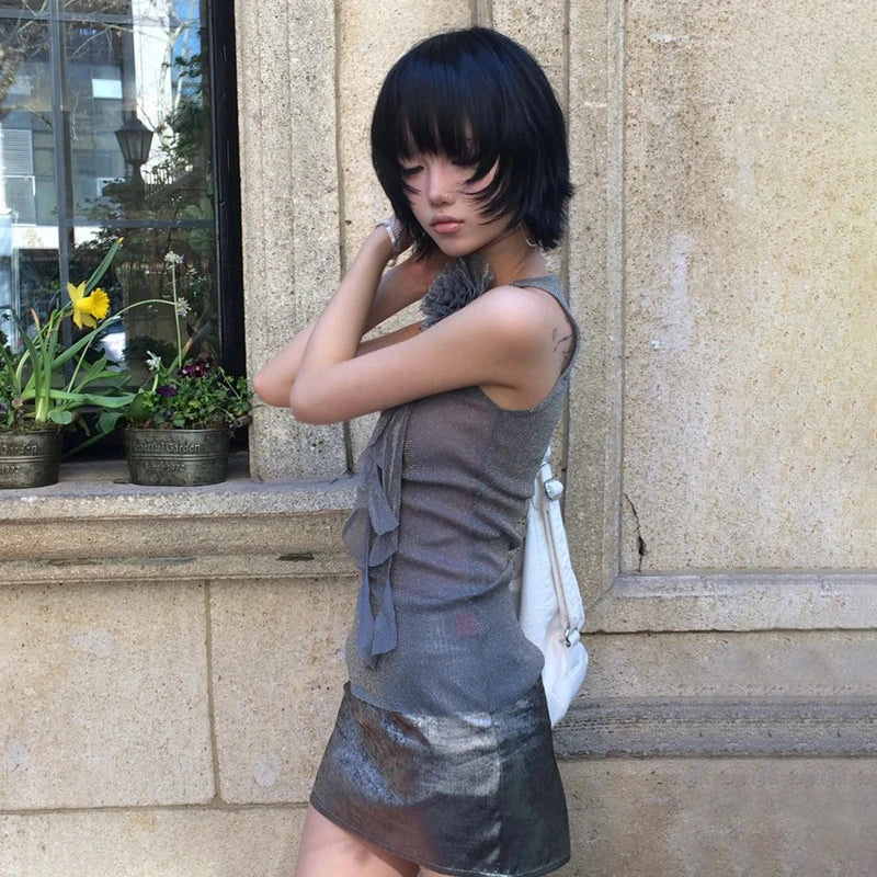 Karrram Japanese Y2k Mesh Tank Top Trashy 2000s Style Sleeveless Tops Vintage Harajuku Flower Irregular Tanktop Fairy Aesthetics