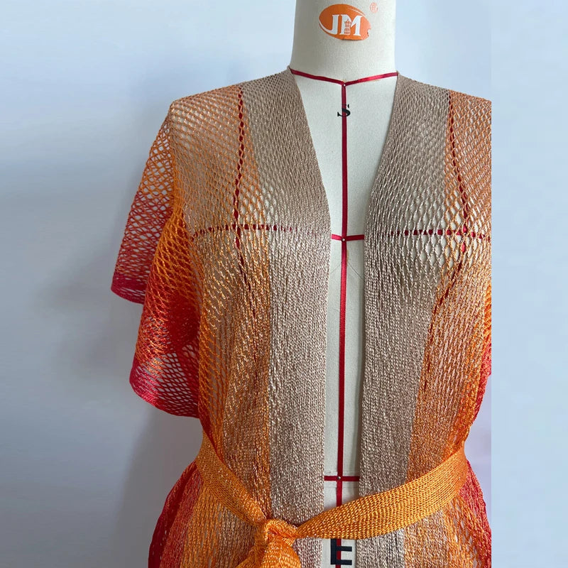 Women 2025 Tassel Style Transparent Party Robe Streetwear Short Sleeve knit Clothes Fashion Striped Colorful Belt Cardigan Dress