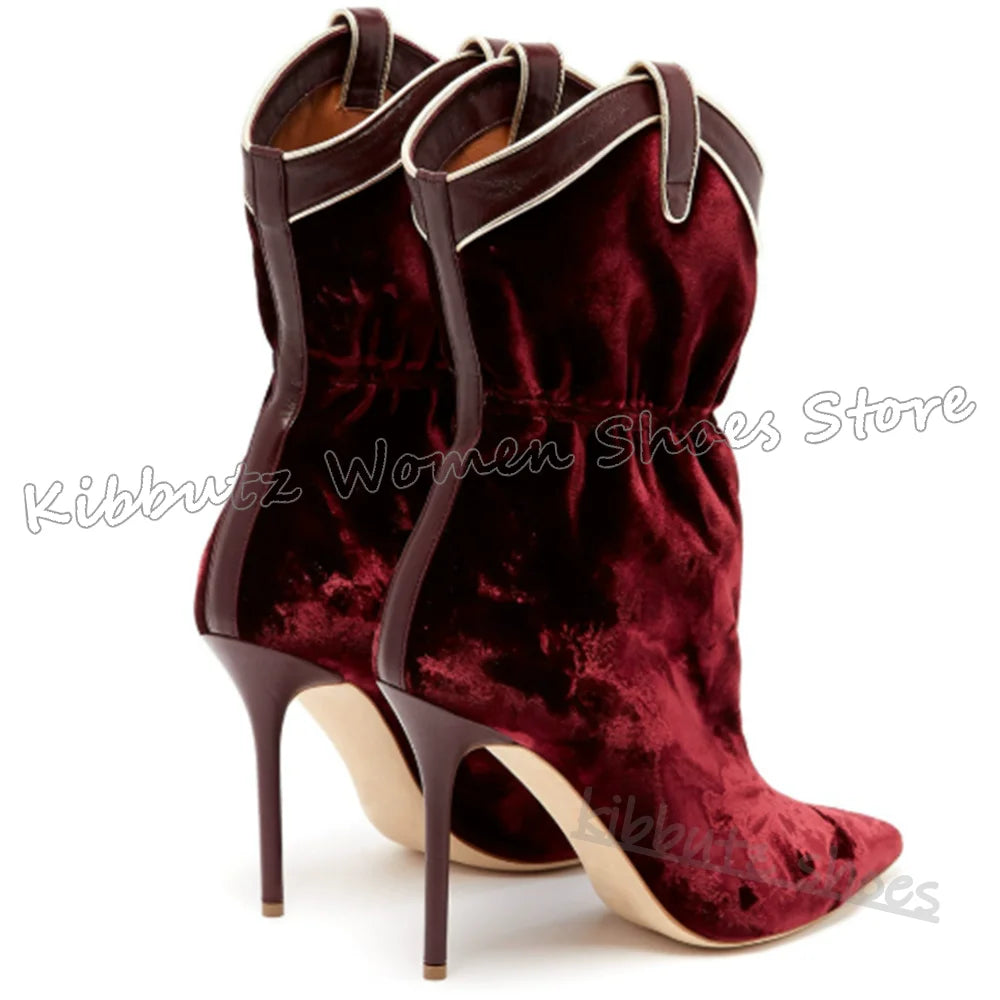 Ankle Modern Boots Velvet Solid Color Pleated Fashion Elegant Comfortable Sexy Luxury Women Shoes New Pointy Thin Heels Slip-On
