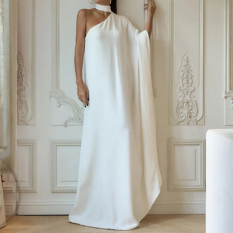 Elegant Halter One-Shoulder Loose Party Dress Lady Solid Color Temperament Banquet Maxi Dress 2023 Casual Women Fashion Vestido