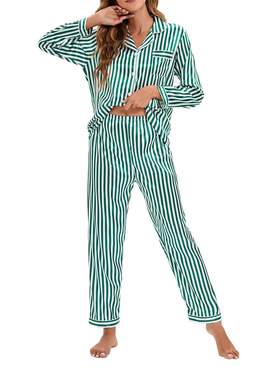 Women 2 Pieces Satin Pajamas Set Spring Autumn Long Sleeve Button Up Shirt and Casual Loose Elastic Pants Sleepwear Loungewear