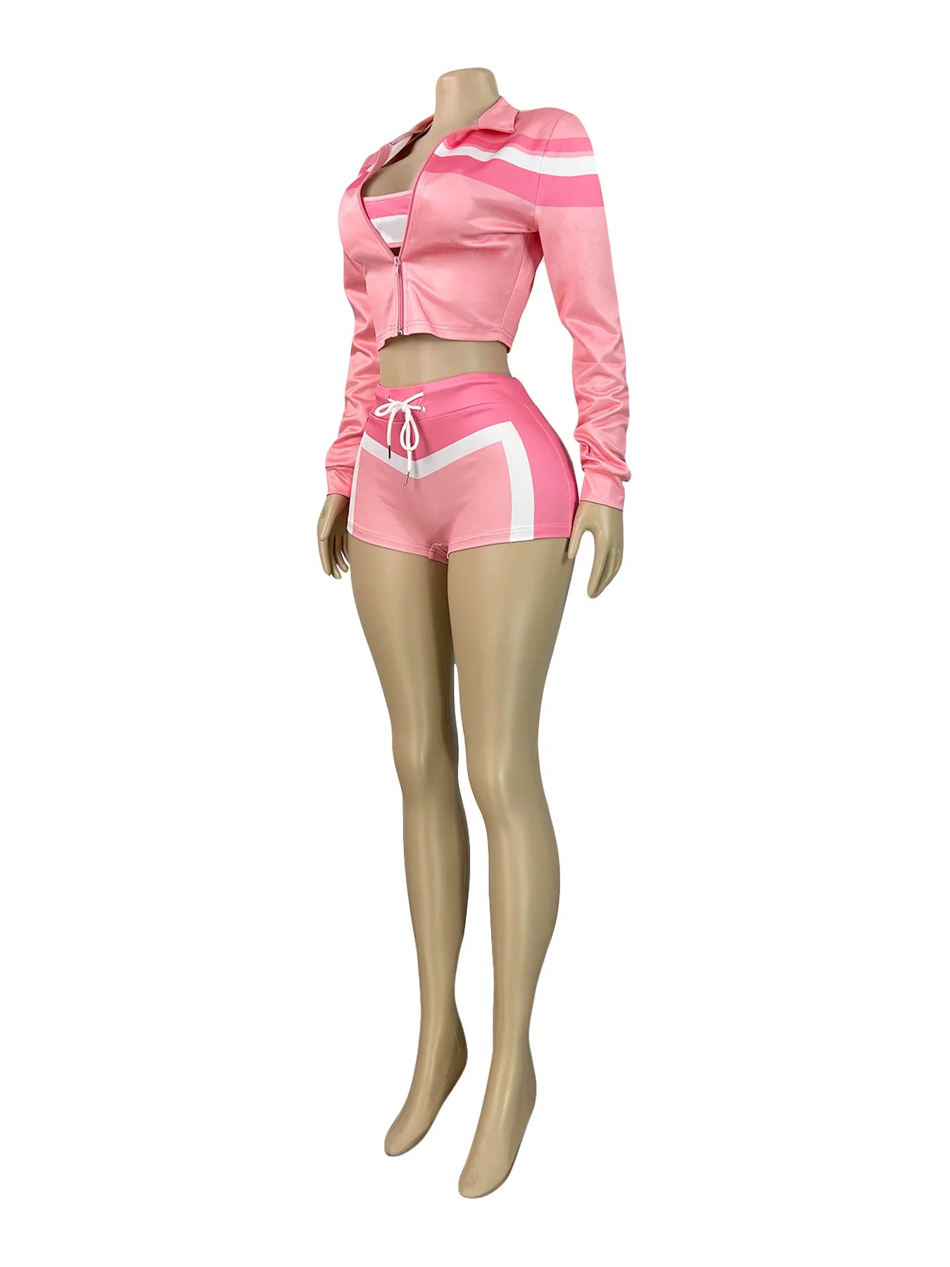 Weird Puss Contrast Patchwork 3 Piece Set Women Halter Strapless Tops+Cardigan Crop Jacket+Drawstring Shorts Sexy Sporty Outfits