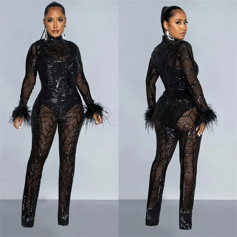 Znaiml Feather Long Sleeve Sequins Bodycon Jumpsuit Women Bodysuit Mesh See Through One Piece Overalls Birthday Party Outfits