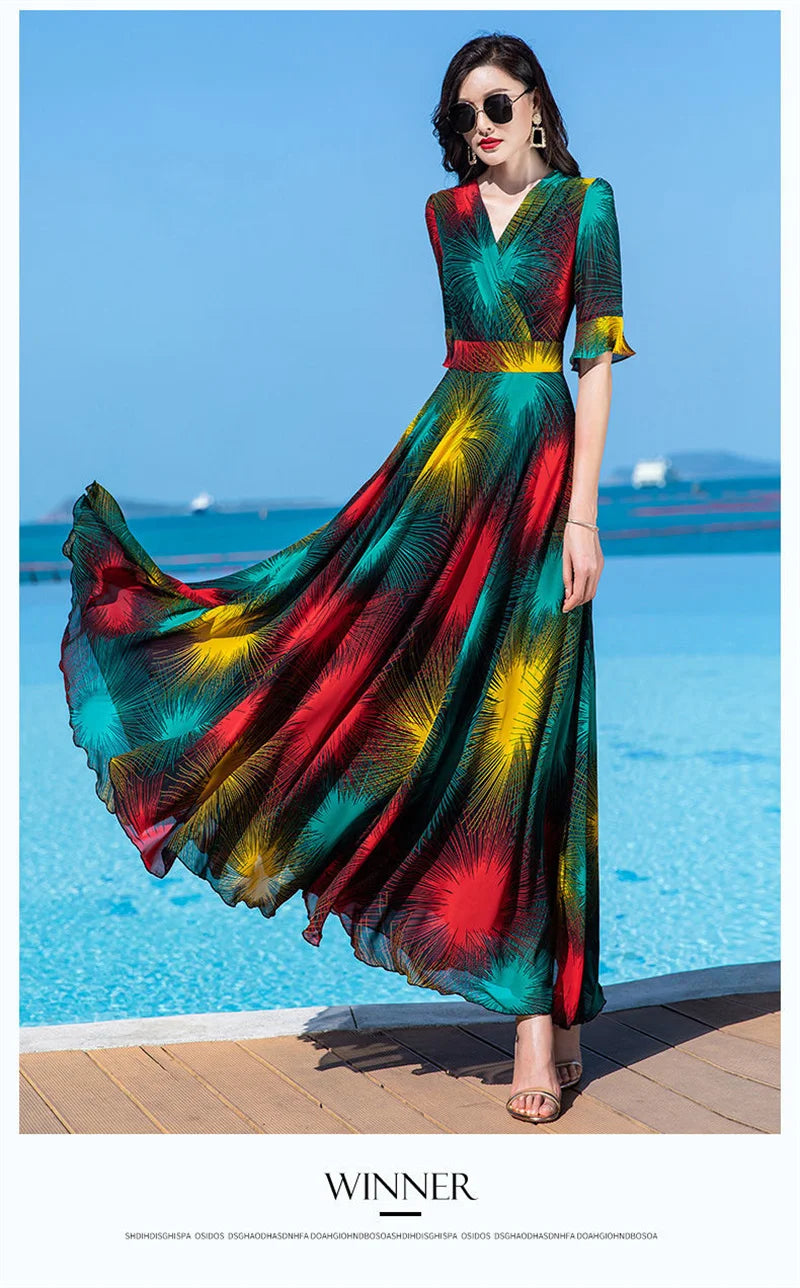 Floral Dress 4XL Women's 2025 Summer Chiffon V-Neck Dress High end Style Celebrity Splice A-line Skirt for Women Elegant Mujer