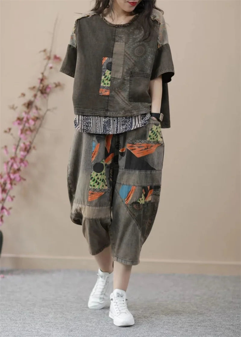 2024 Female Korean Ethnic Style Denim Harlan Pants Sets two-piece Women's Summer New Small Casual High-end Clothing Printing Set