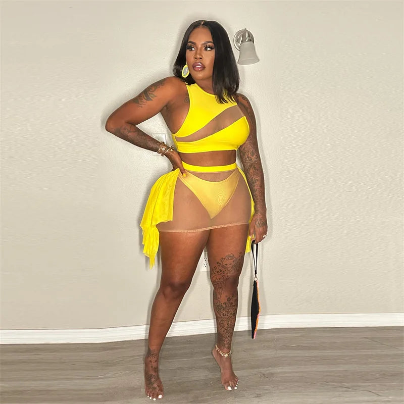 Sexy Mesh See-through Patchwork 2 Piece Sets Women Outfit Festival Clothing Tank Crop Top and Mini Skirt Set Night Club Outfits